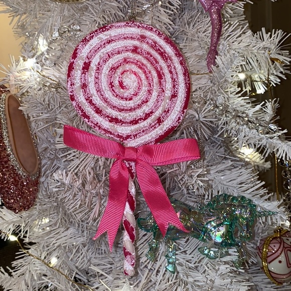 Other - Pink & White swirl lollipop Holiday Christmas Tree ornament glitter & bow 7x3.5”